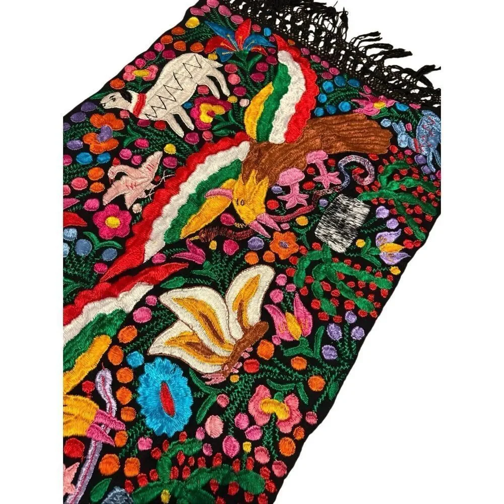 Rare Mexican Traditional Colorful Embroidered Yarn Table Runner 24” x 70”